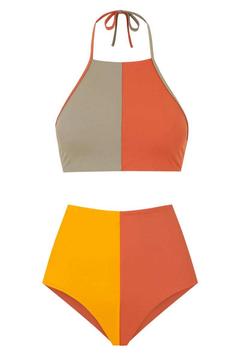Halter Bikini Top POLO, Papaya Orange & Sage | SURO